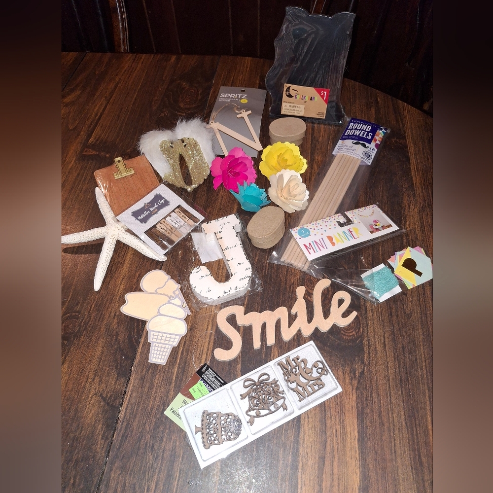 Craft Supplies Wooden Art Mixed Media Seashell Flowers Dowels Letters Chipboard